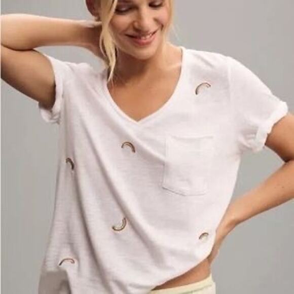 Anthropologie T.La The Lars Classic V-Neck Tee Medium White Rainbow Embroidery - Picture 1 of 7